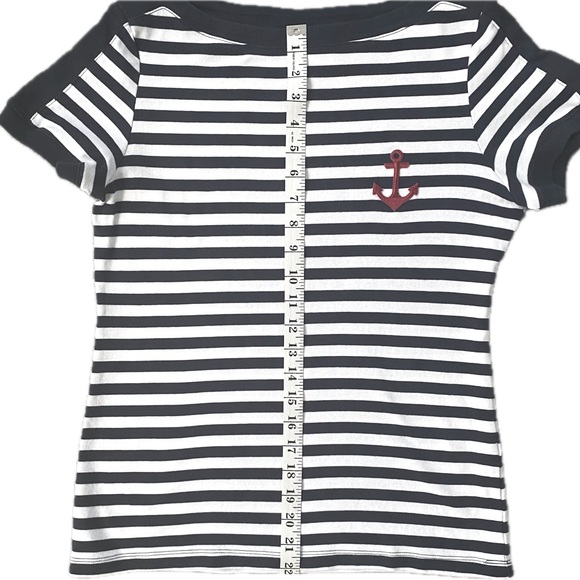 💙 Karen Scott ⚓️ Navy & White Striped Top. Navy Piping w/ Red Anchor ♥️ Size M - Picture 3 of 7